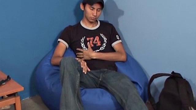 Eduardo is a cute 19 year old Latino studying auto mechanic. After fixing a car issue, he jerks off. Eduardo plants his skinny ass in a bean bag chair and strips off.