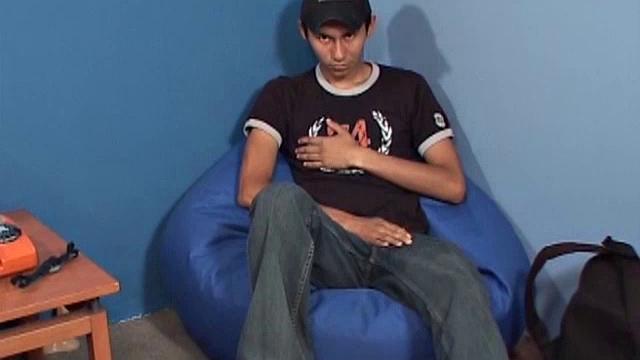 Eduardo is a cute 19 year old Latino studying auto mechanic. After fixing a car issue, he jerks off. Eduardo plants his skinny ass in a bean bag chair and strips off.