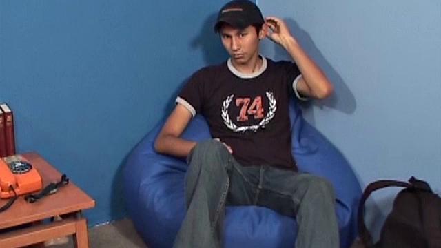 Eduardo is a cute 19 year old Latino studying auto mechanic. After fixing a car issue, he jerks off. Eduardo plants his skinny ass in a bean bag chair and strips off.
