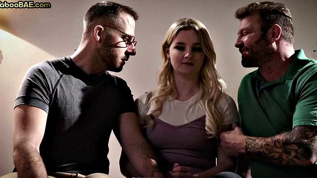 Busty taboo bae drilled while sucking in MMF 3some