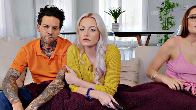 A tattooed brown-haired babe give a sloppy blowjob while wearing shorts and glasses