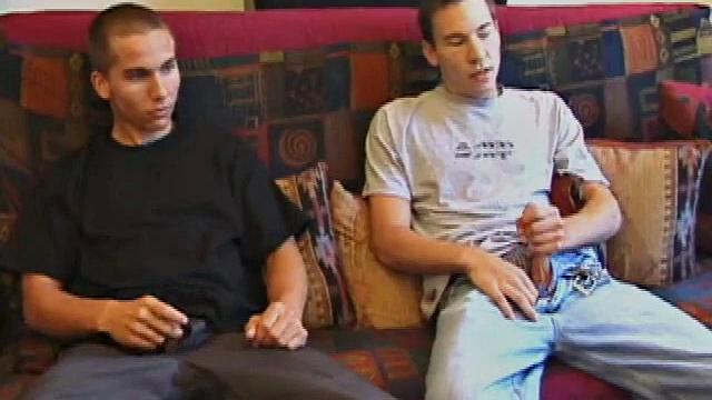 Brock Labelli and Kent Stryker jack off through open flies, then strip and Brock blows Kent, which turns into a sexy 69. With Kent relaxing on the couch, Brock goes to town on his buddy's cock.