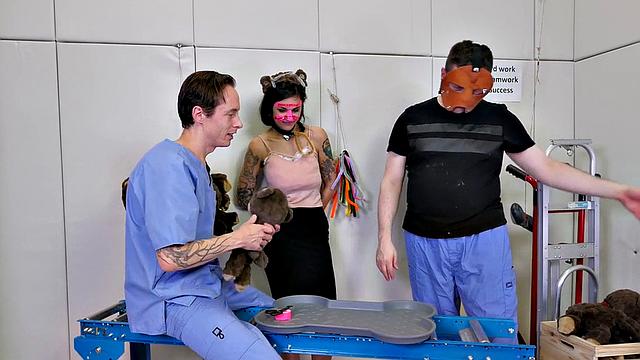 Mouth fucked submissive in threesome