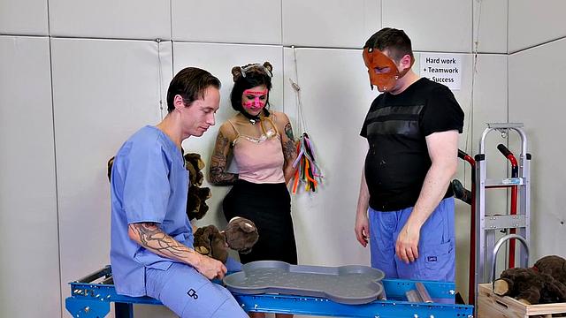 Mouth fucked submissive in threesome