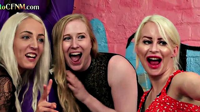 Classy CFNM British ladies jerk groom's cock in group