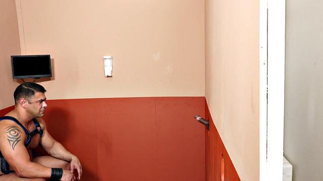 Muscular black guy gets his ass drilled raw by beefy robot gloryhole