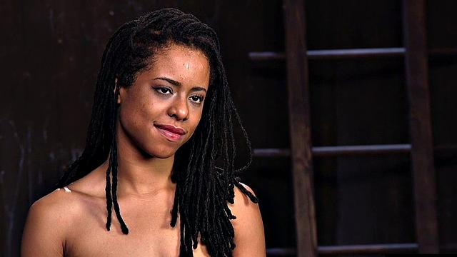 BDSM ballgaged Ebony coerced into anal orgasms by master