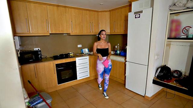 Brunette maid with tattoos gets her wet pussy pounded by a big white cock