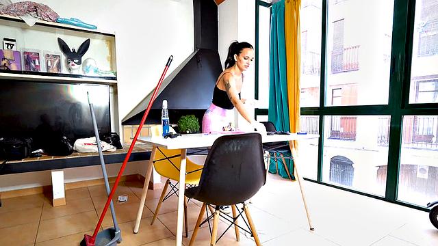 Brunette maid with tattoos gets her wet pussy pounded by a big white cock