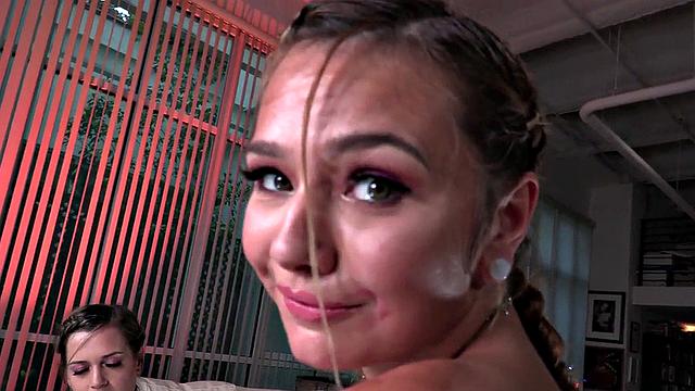 Handjob babes grind in threeway after stripping