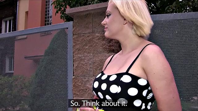 Blonde with big tits gets cum on her tight pussy