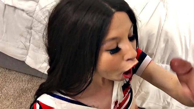 Slutty petite deepthroating teen in sailor uniform fucked
