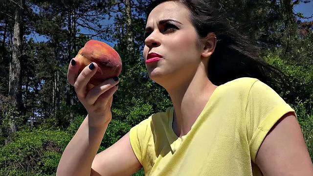 Watch this tattooed slut get fucked doggystyle in a hot outdoor food fight with her busty friend