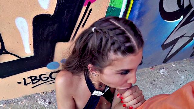 Sexy small-boobed babe takes deepthroat after public doggy-style sex with big dick standing guy