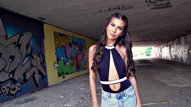 Sexy small-boobed babe takes deepthroat after public doggy-style sex with big dick standing guy