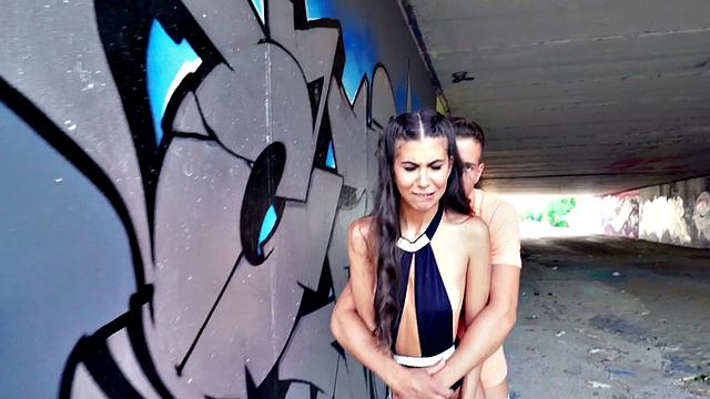 Sexy small-boobed babe takes deepthroat after public doggy-style sex with big dick standing guy