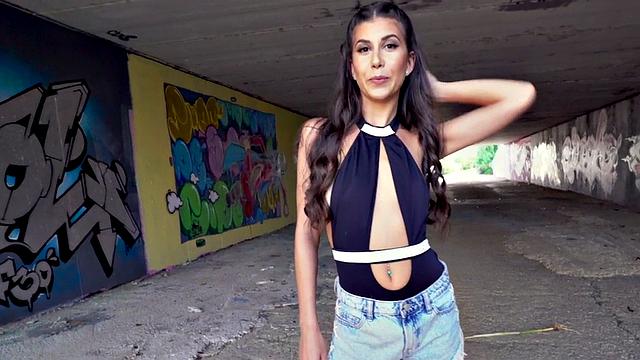 Sexy small-boobed babe takes deepthroat after public doggy-style sex with big dick standing guy