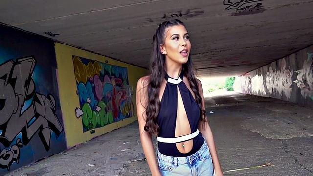 Sexy small-boobed babe takes deepthroat after public doggy-style sex with big dick standing guy