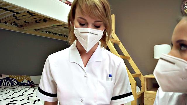 Kinky nurse gets stuck between two horny studs and takes it in every way imaginable