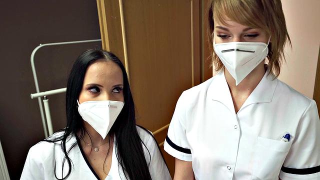 Kinky nurse gets stuck between two horny studs and takes it in every way imaginable