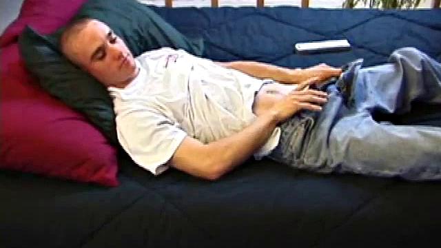 A shaved head and a naughty but nice looks belong to Kenny. Already shirtless, he pulls his pants and boxers down around his ankles and gets to work on his thick cock.