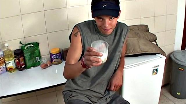 Seated on a stool, Latin twink Trend decides to jerk off. It isn't long before he has stripped off most of his clothes and is playing with himself. Then he pulls his hard cock out and starts stroking.