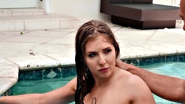 Watch Skinny Dip's glasses get fogged up as she gets pounded in doggystyle by a pool boy in reverse cowgirl action!