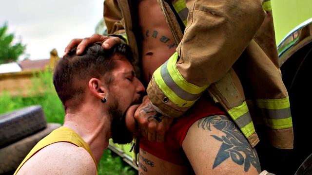 Uniformed gay deepthroated outdoors before bareback sex