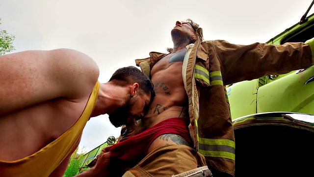 Uniformed gay deepthroated outdoors before bareback sex