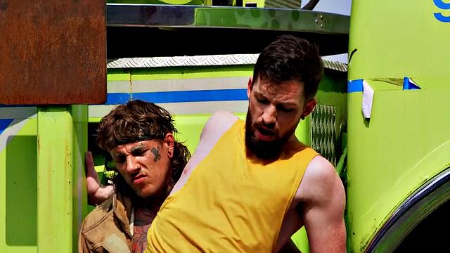 Uniformed gay deepthroated outdoors before bareback sex