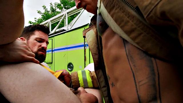 Uniformed gay deepthroated outdoors before bareback sex