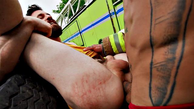 Uniformed gay deepthroated outdoors before bareback sex