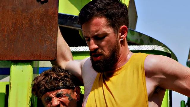 Uniformed gay deepthroated outdoors before bareback sex