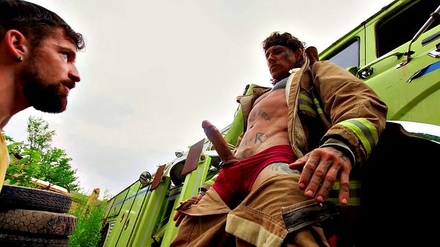 Uniformed gay deepthroated outdoors before bareback sex