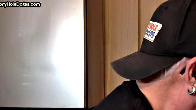 Mature gay sucks gloryhole cock in homemade closeup