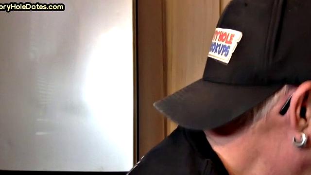 Mature gay sucks gloryhole cock in homemade closeup