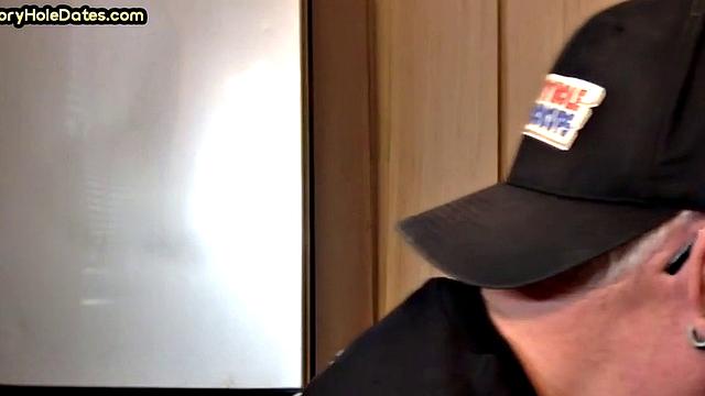 Mature gay sucks gloryhole cock in homemade closeup