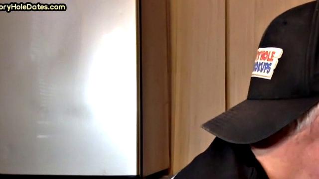 Mature gay sucks gloryhole cock in homemade closeup