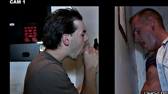 Gay stud sucks and strokes guy's cock in gloryhole