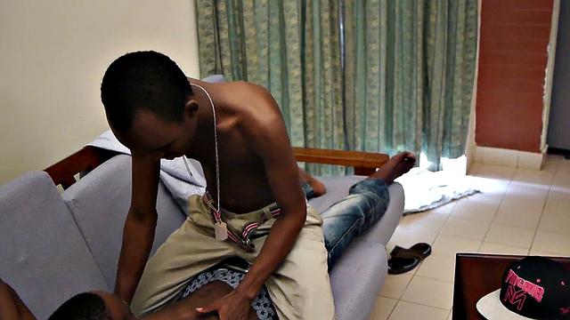 Ebony twink jerks uncut cock while barebacked