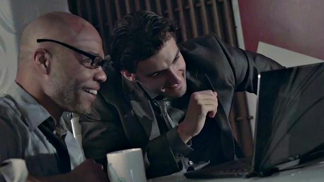 A busty office babe in stockings get her tits jizzed while getting licked balls and cowgirl