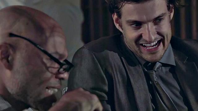 A busty office babe in stockings get her tits jizzed while getting licked balls and cowgirl