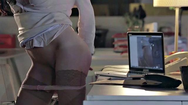 A busty office babe in stockings get her tits jizzed while getting licked balls and cowgirl