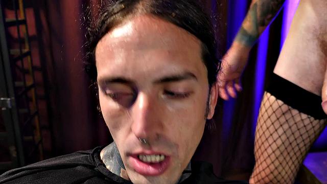 Mesmerized crossdresser in fishnets fucks inked BF till he cums