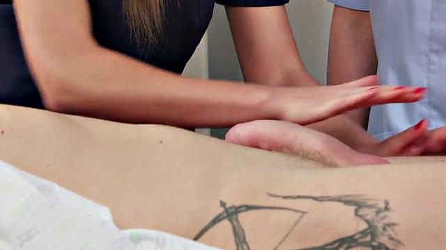 CFNM uniformed nurses jerk and suck patient in group