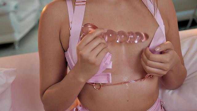 Natural Tits Latina Sucks on Glass Dildo And Strips to Masturbate