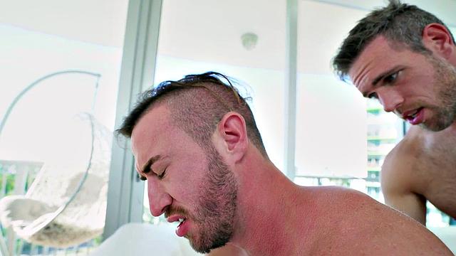 Muscular BF takes it from behind on leather couch while BF watches in awe