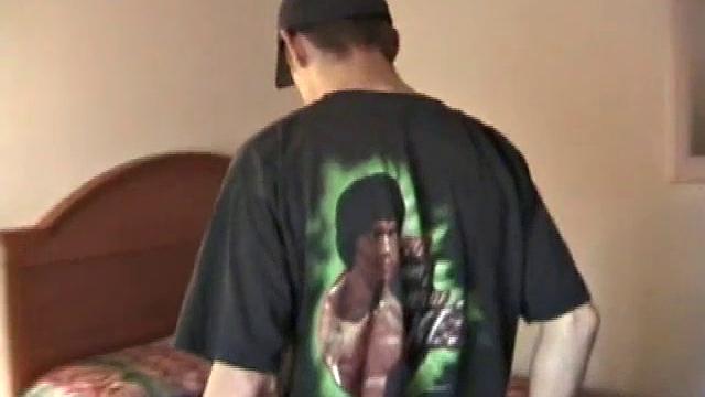 Pax skates in jeans, boxers, visor, and a black Bruce Lee t-shirt. Back on his bed, he loses all, looking more inviting when we see his blonde hair, tattoos, and stiff cock.