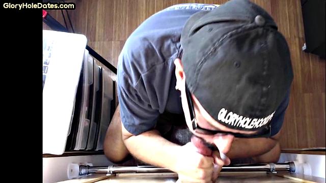 Gloryhole DILF sucks cock at home in amateur video