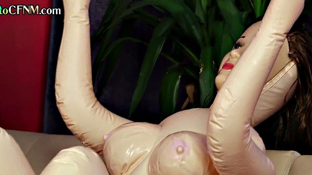 CFNM classy ladies wank man's cock in sex doll threesome